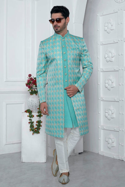 Sky Blue Colour Jacquard Silk Indowestern Sherwani With Aligadhi Pant VSSH1230029