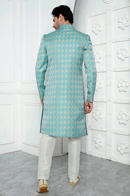 Sky Blue Colour Jacquard Silk Indowestern Sherwani With Aligadhi Pant VSSH1230029