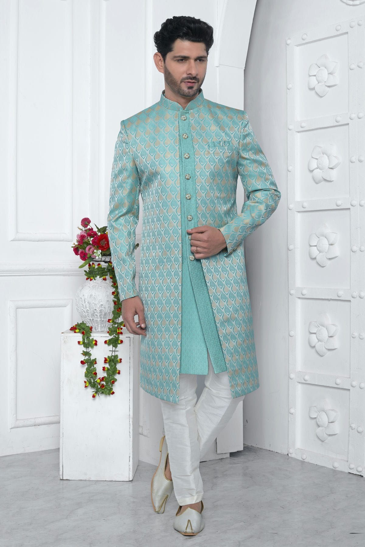 Sky Blue Colour Jacquard Silk Indowestern Sherwani With Aligadhi Pant