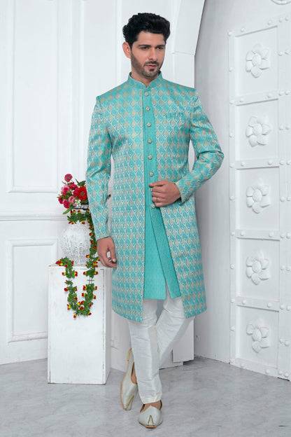 Sky Blue Colour Jacquard Silk Indowestern Sherwani With Aligadhi Pant