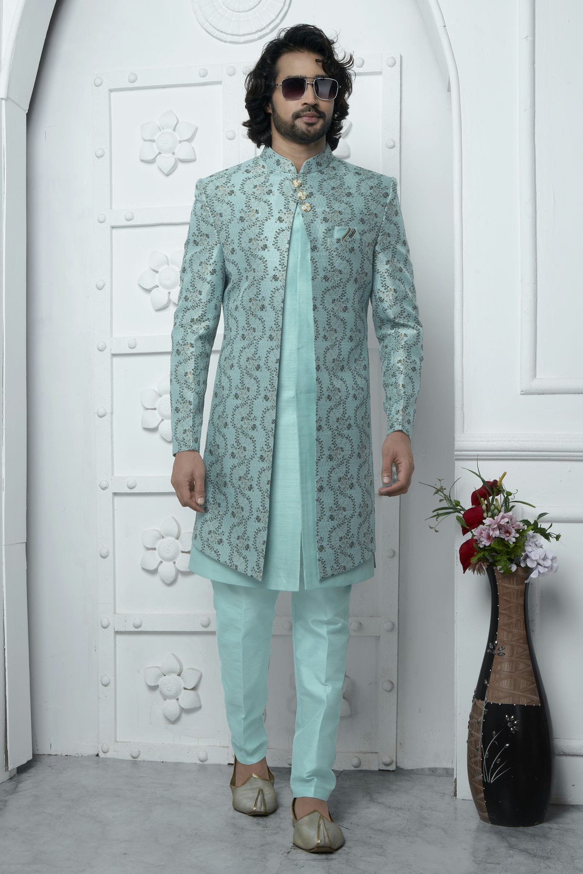 Sky Blue Colour Jacquard Silk Indowestern Sherwani With Aligadhi Pant VSSH1230035