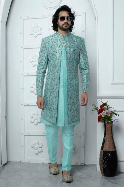 Sky Blue Colour Jacquard Silk Indowestern Sherwani With Aligadhi Pant VSSH1230035