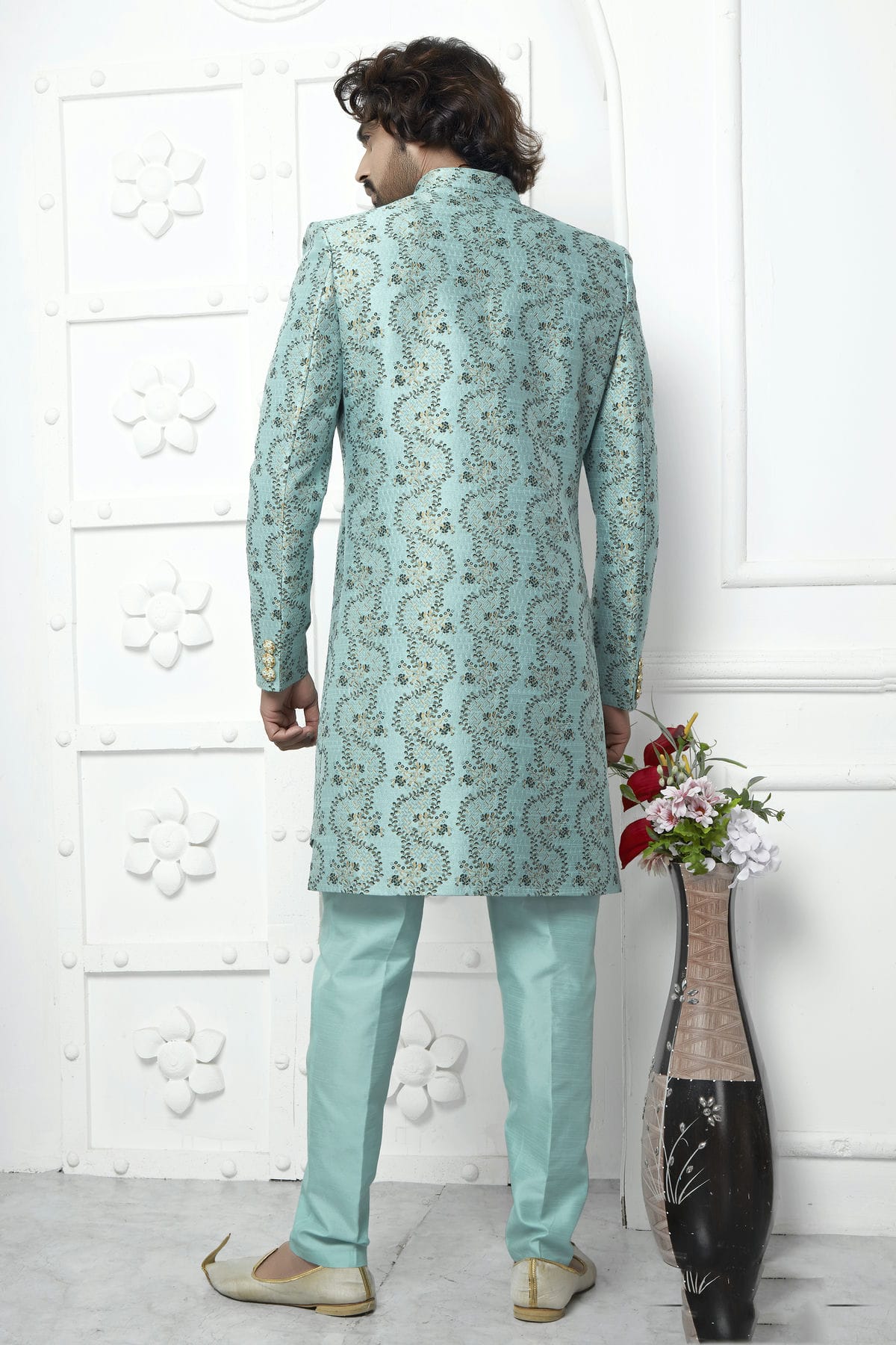 Sky Blue Colour Jacquard Silk Indowestern Sherwani With Aligadhi Pant VSSH1230035
