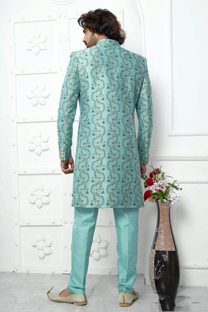 Sky Blue Colour Jacquard Silk Indowestern Sherwani With Aligadhi Pant VSSH1230035