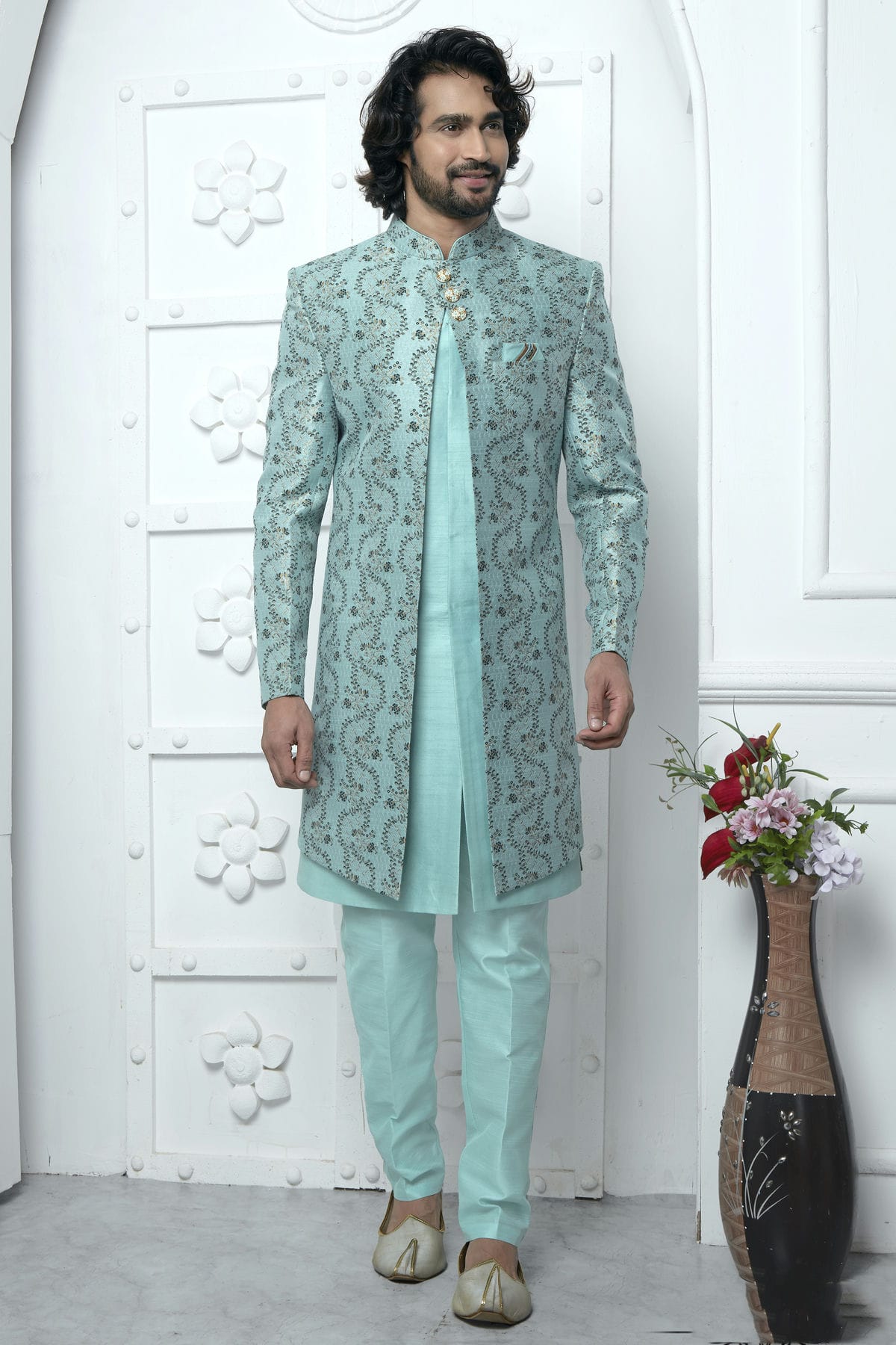 Sky Blue Colour Jacquard Silk Indowestern Sherwani With Aligadhi Pant