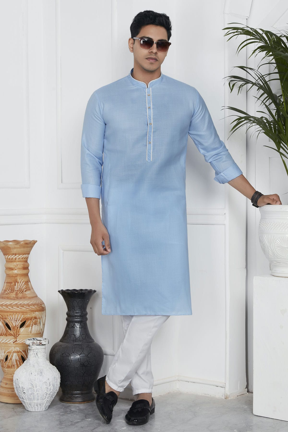 Sky Blue Colour Linen Cotton Pintex Work Kurta Pajama VSKP1230131