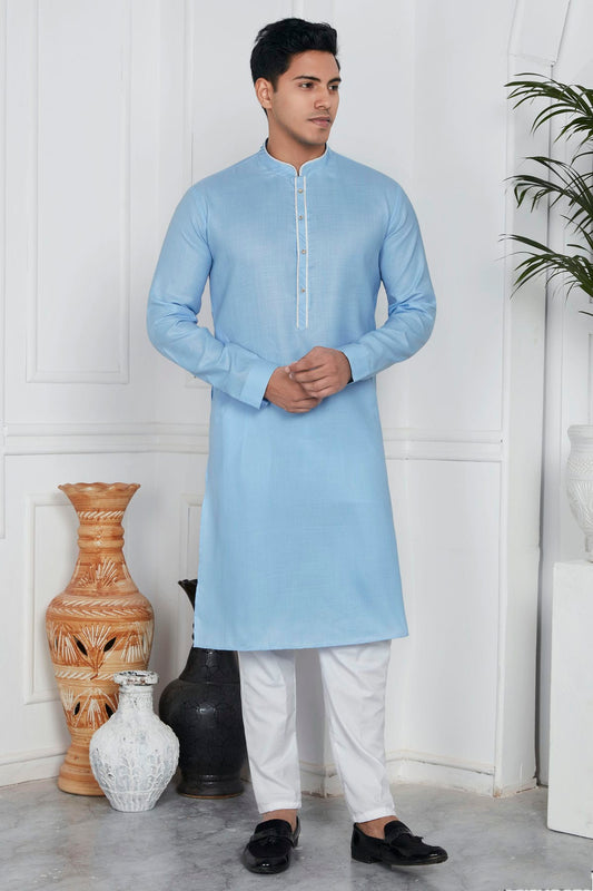 Sky Blue Colour Linen Cotton Pintex Work Kurta Pajama