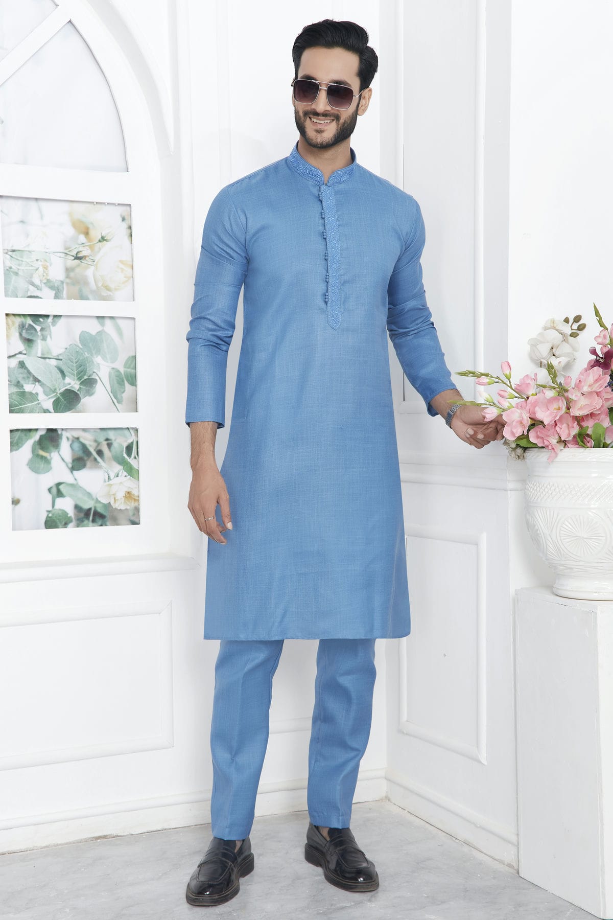Sky Blue Colour Linen Cotton Thread Work Kurta Pajama VSKP1230138
