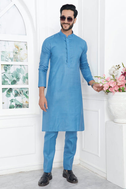 Sky Blue Colour Linen Cotton Thread Work Kurta Pajama VSKP1230138