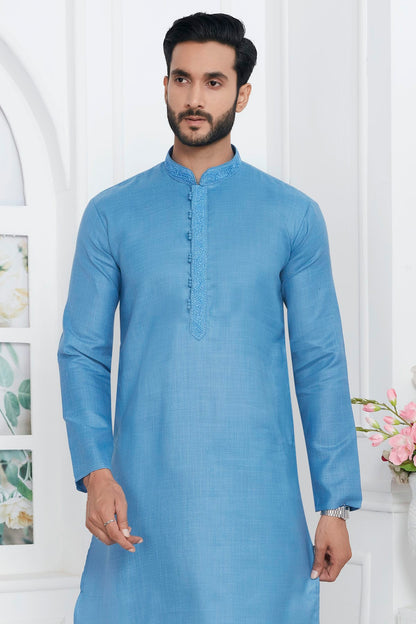 Sky Blue Colour Linen Cotton Thread Work Kurta Pajama VSKP1230138