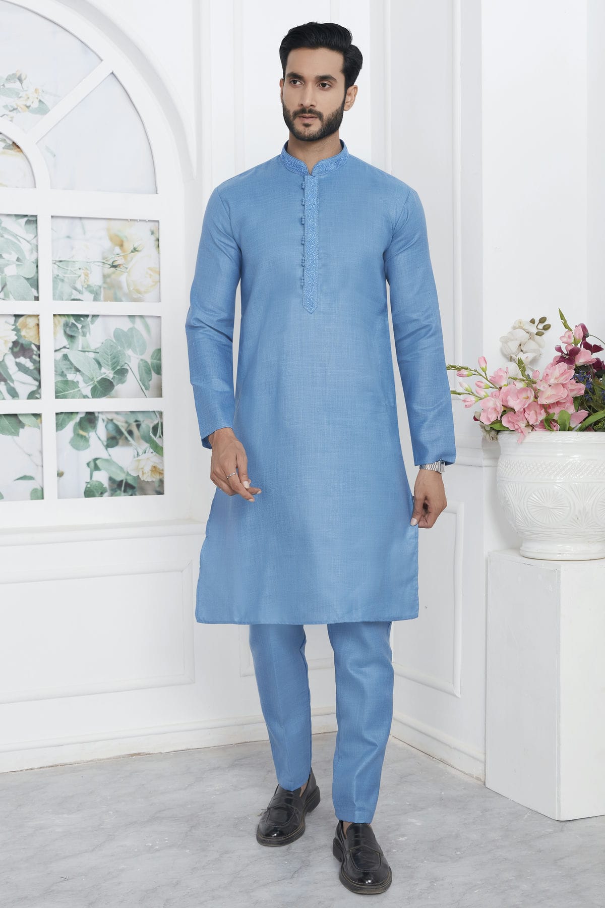 Sky Blue Colour Linen Cotton Thread Work Kurta Pajama