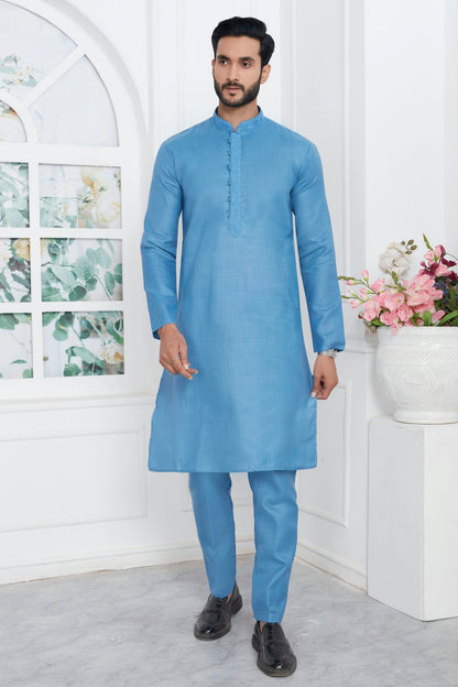 Sky Blue Colour Linen Cotton Thread Work Kurta Pajama
