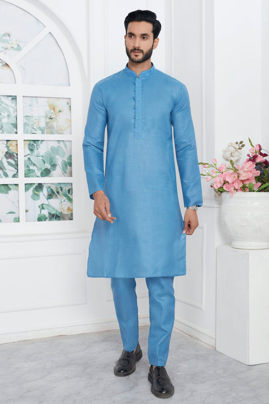Sky Blue Colour Linen Cotton Thread Work Kurta Pajama