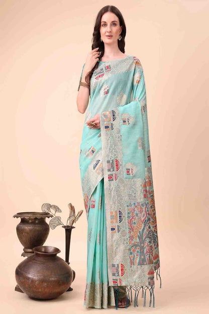 Sky Blue Colour Linen Cotton Woven Traditional Sarees VSSD1113736