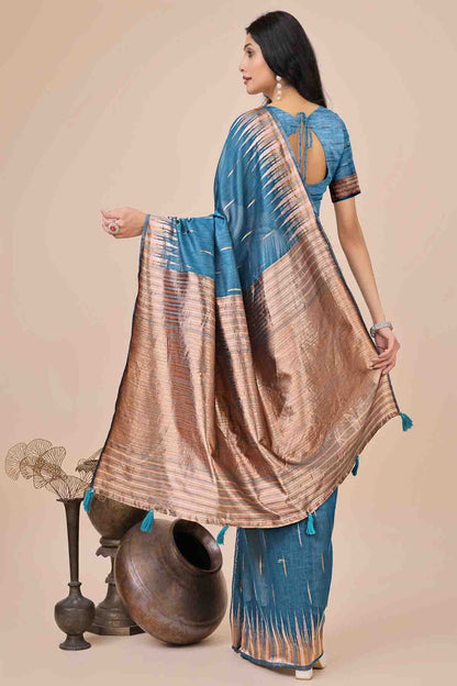 Sky Blue Colour Linen Cotton Woven Traditional Sarees VSSD1113776