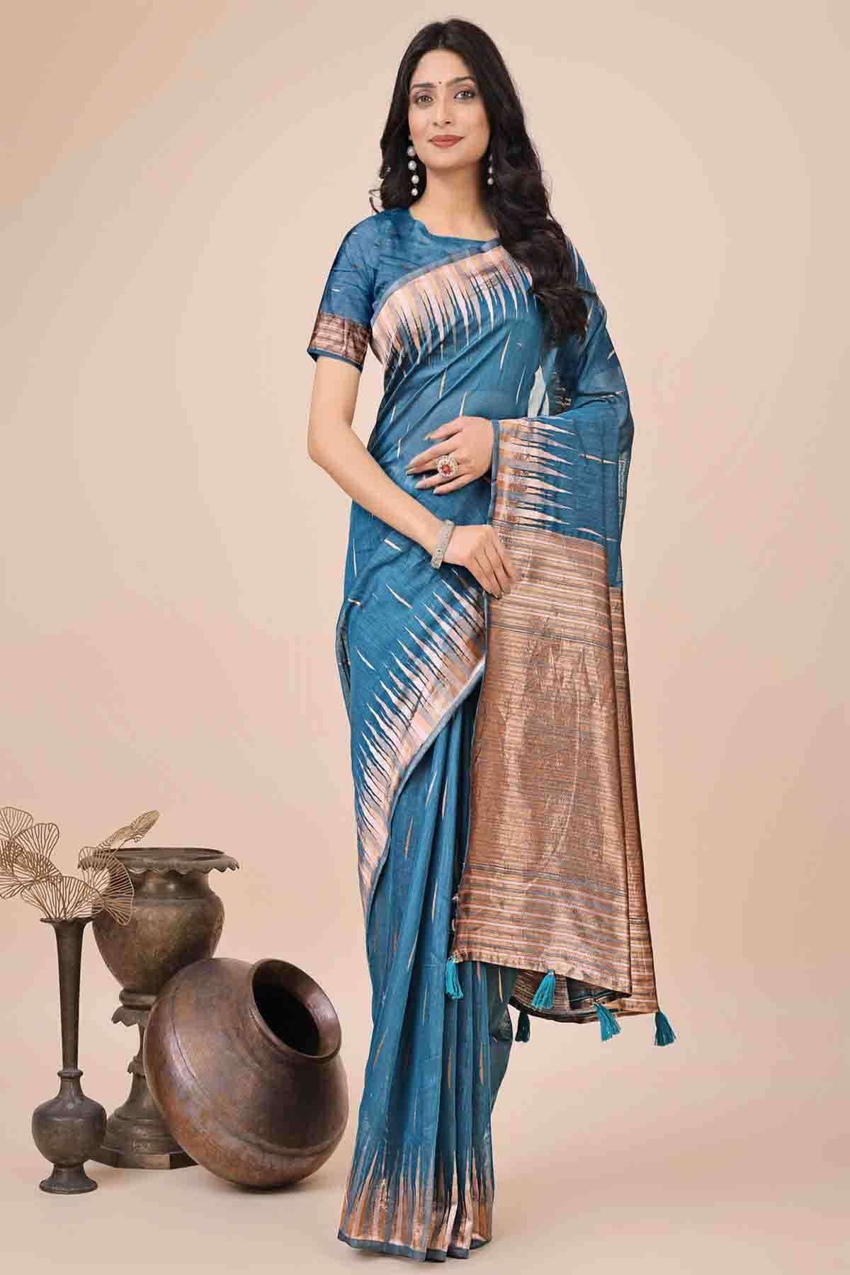 Sky Blue Colour Linen Cotton Woven Traditional Sarees VSSD1113776