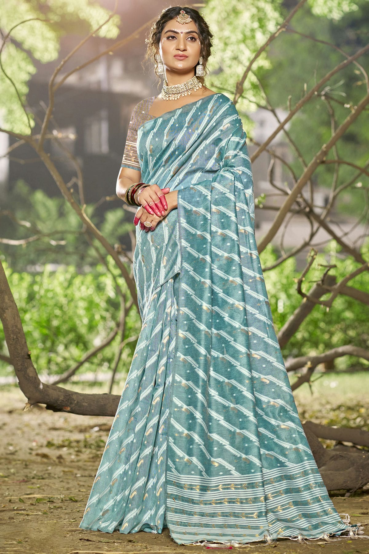 Sky Blue Colour Linen Cotton Woven Work Traditional Saree
