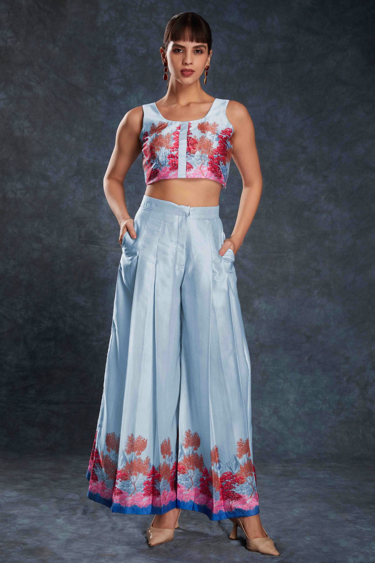Sky Blue Colour Linen Satin Co-Ord Set VSTP1080949