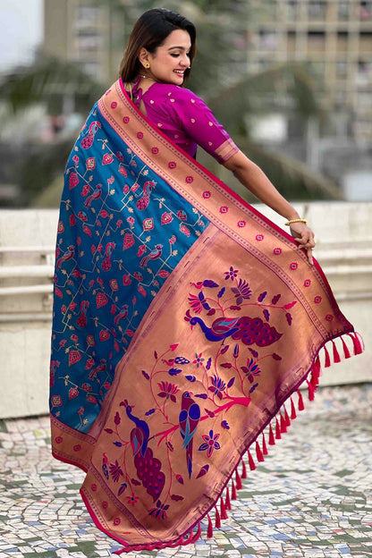 Sky Blue Colour Meenakari Work Soft Silk Paithani Sarees VSSD1113364