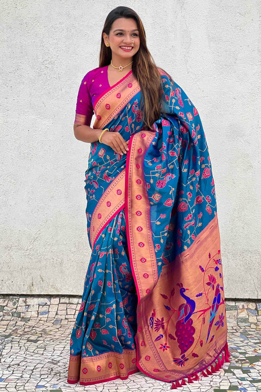 Sky Blue Colour Meenakari Work Soft Silk Paithani Sarees VSSD1113364