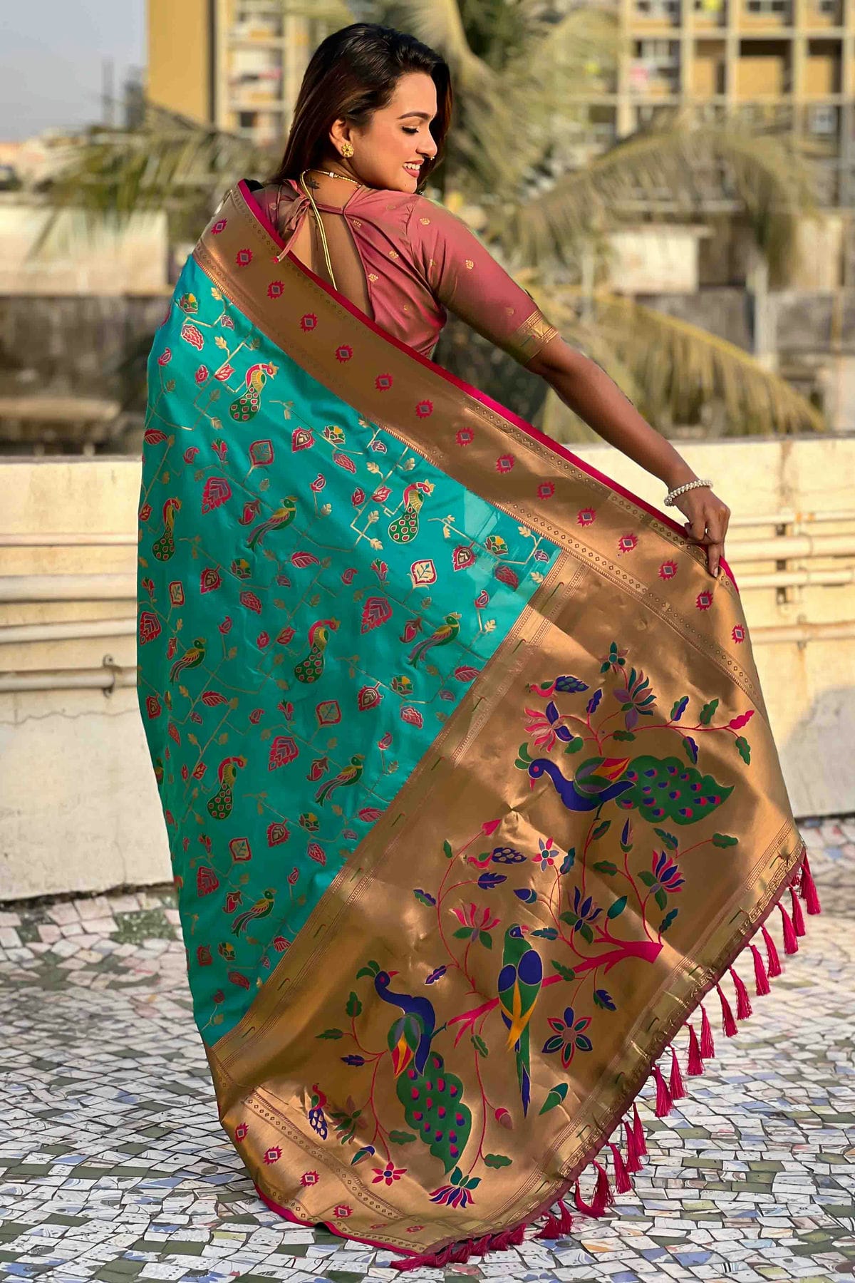 Sky Blue Colour Meenakari Work Soft Silk Paithani Sarees VSSD1113369