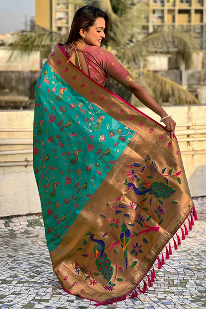 Sky Blue Colour Meenakari Work Soft Silk Paithani Sarees VSSD1113369