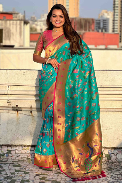 Sky Blue Colour Meenakari Work Soft Silk Paithani Sarees VSSD1113369