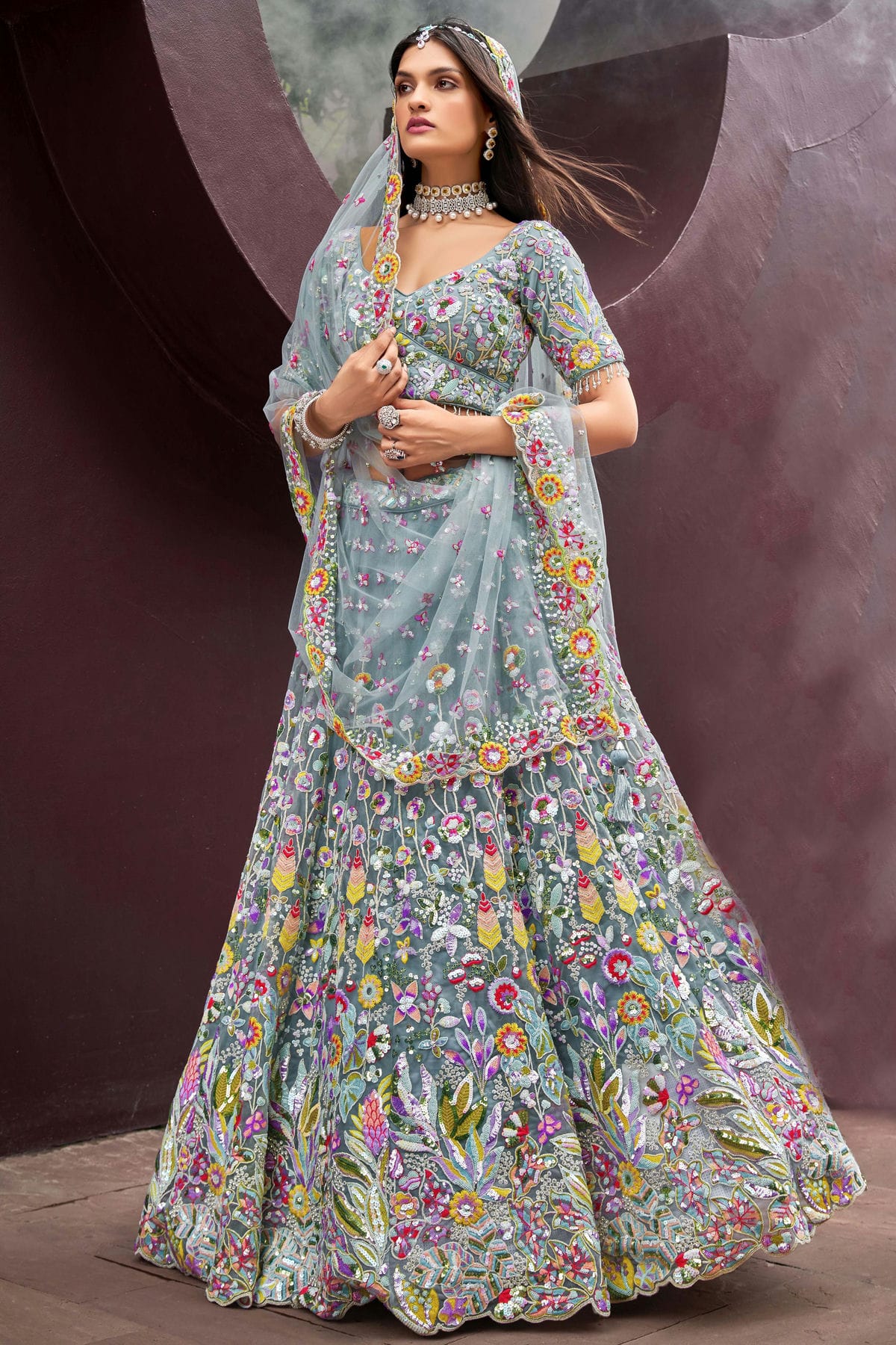 Sky Blue Colour Net Embroidery Lehenga Choli