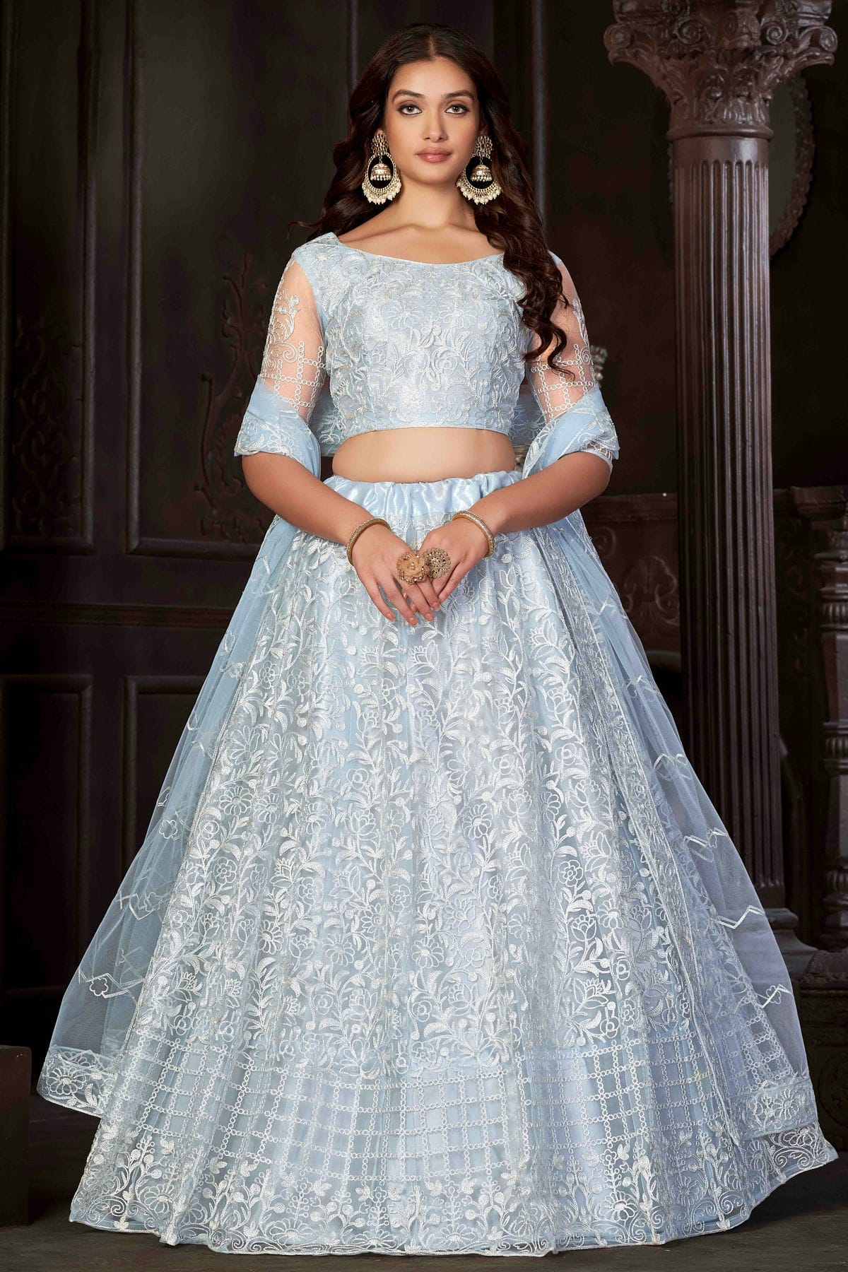 Sky Blue Colour Net Semi Stitched Lehenga Choli VSLC1170056
