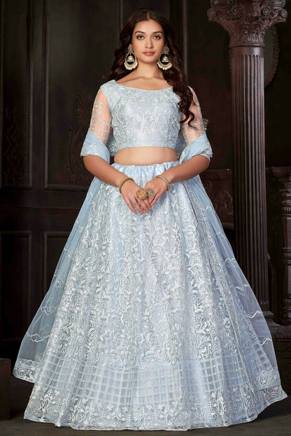 Sky Blue Colour Net Semi Stitched Lehenga Choli VSLC1170056