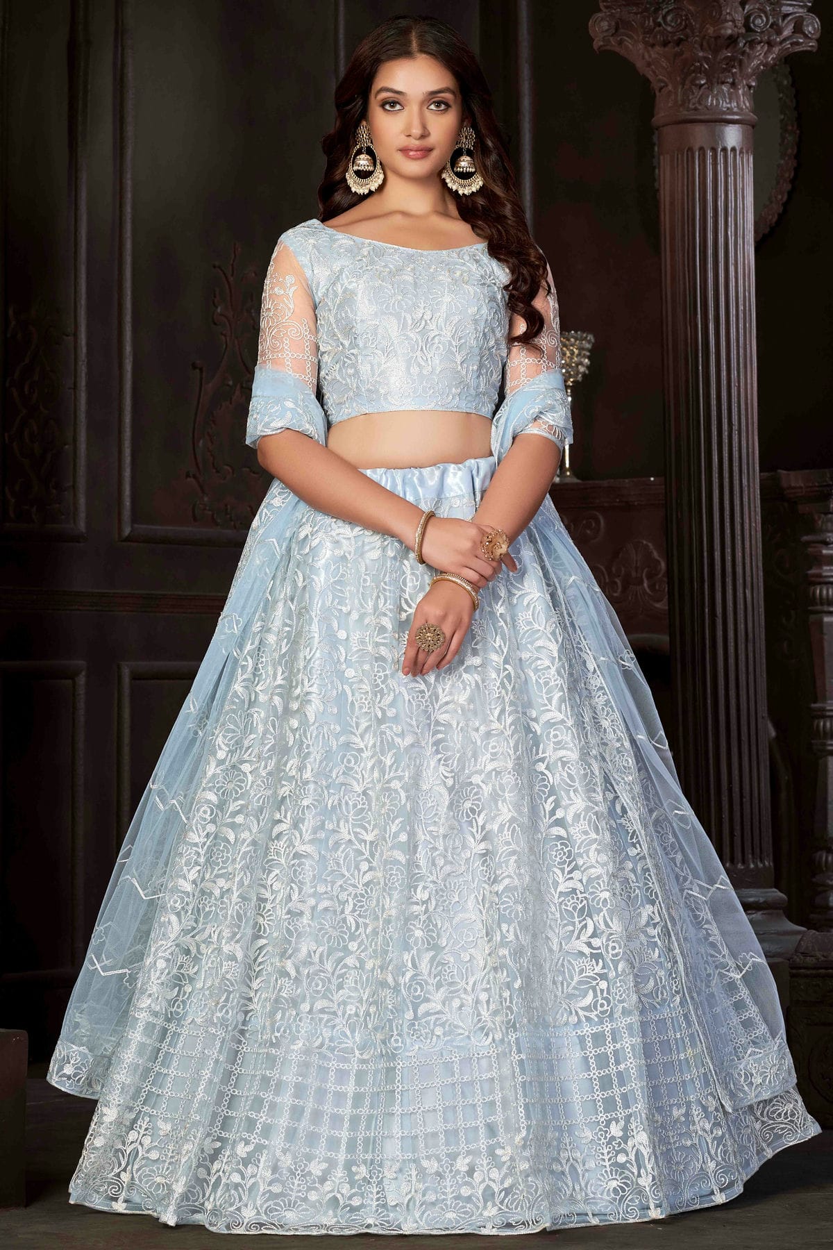 Sky Blue Colour Net Semi Stitched Lehenga Choli VSLC1170056