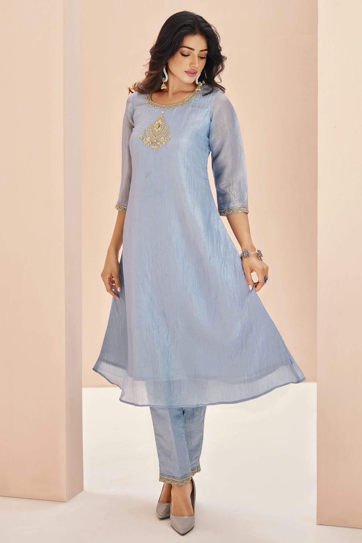 Sky Blue Colour Organza Indo Western Dress