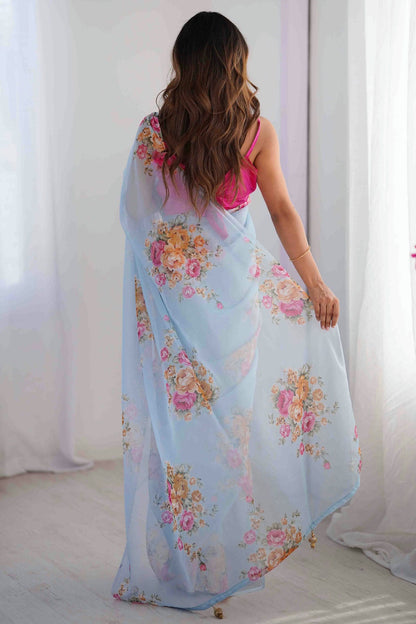 Sky Blue Colour Organza Printed Saree VSSD1113842
