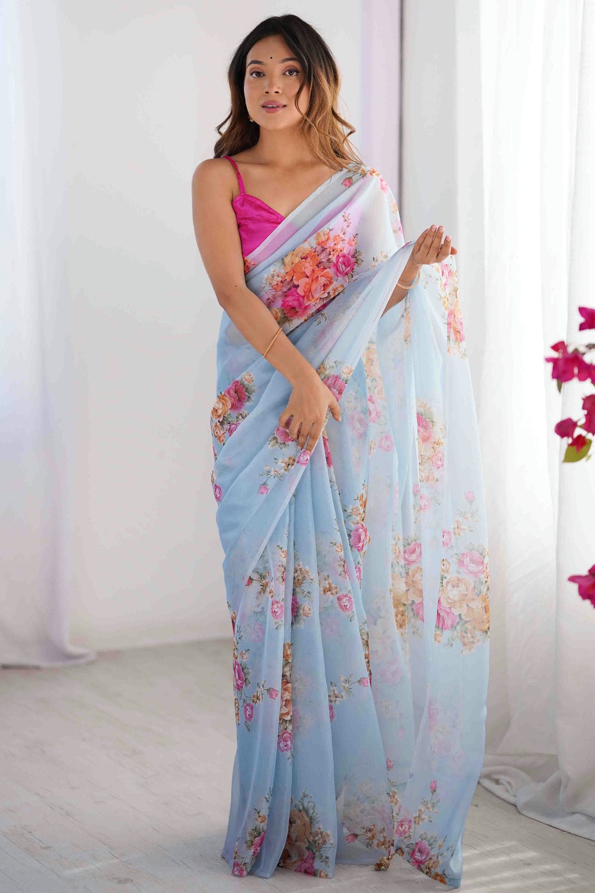 Sky Blue Colour Organza Printed Saree VSSD1113842