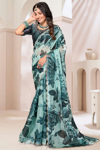 Sky Blue Colour Organza Silk Designer Saree