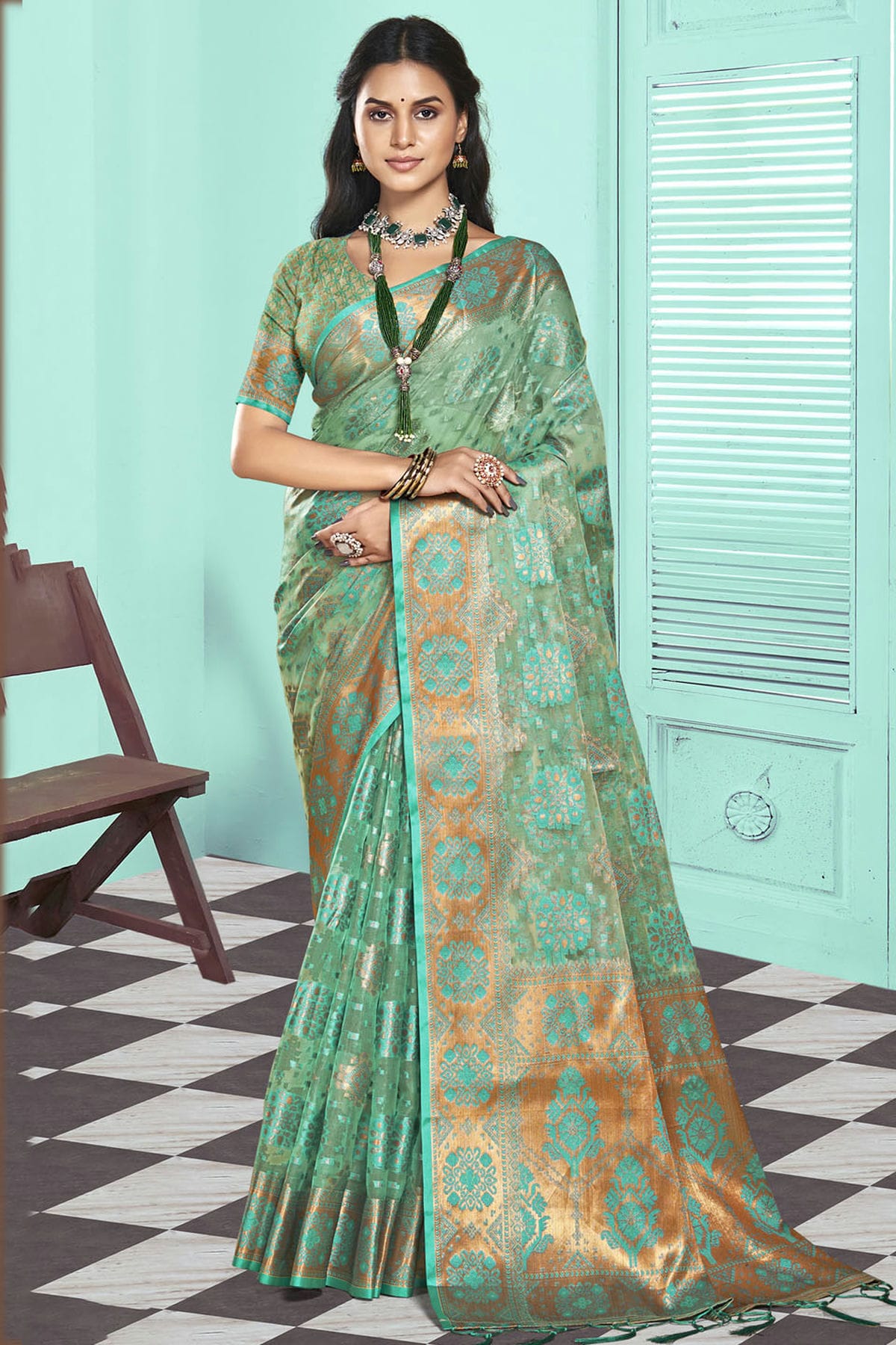 Sky Blue Colour Organza Traditional Saree