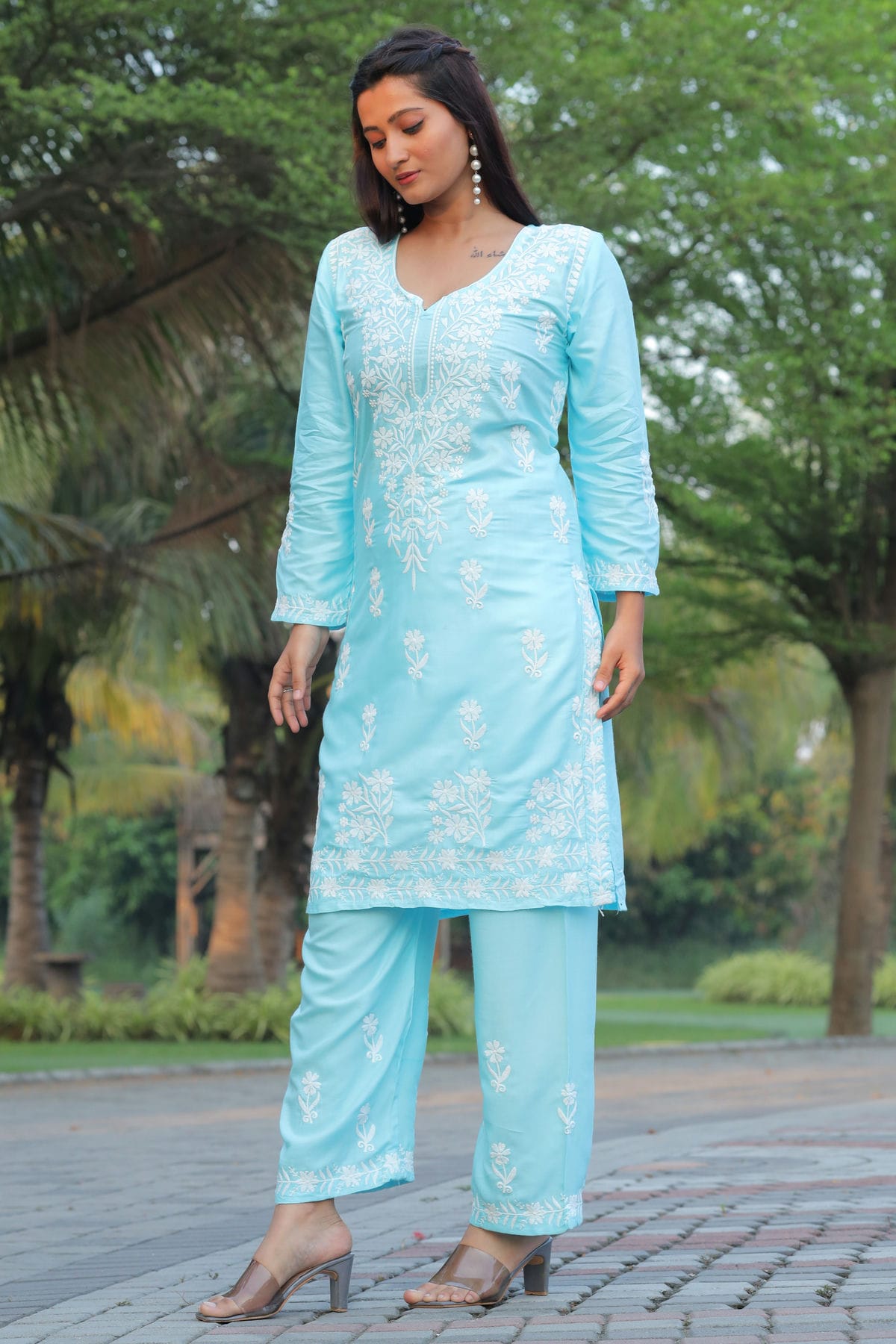 Sky Blue Colour Rayon Kurta And Pant Set