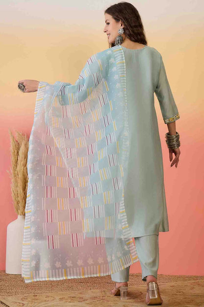 Sky Blue Colour Roman Silk Stitched Pant Style Suit VSSS1113909