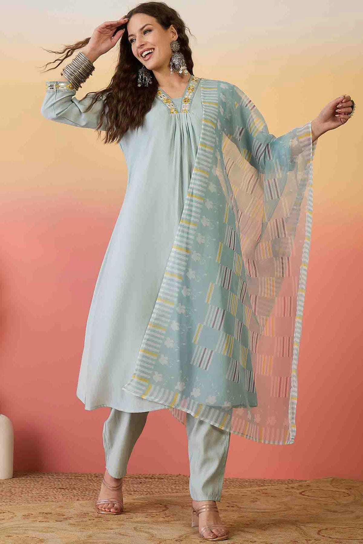 Sky Blue Colour Roman Silk Stitched Pant Style Suit VSSS1113909