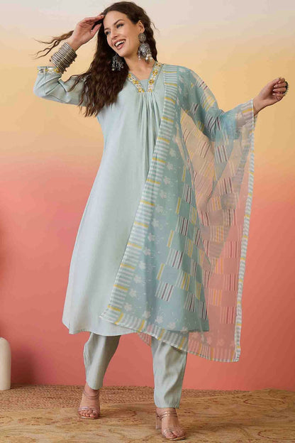 Sky Blue Colour Roman Silk Stitched Pant Style Suit VSSS1113909