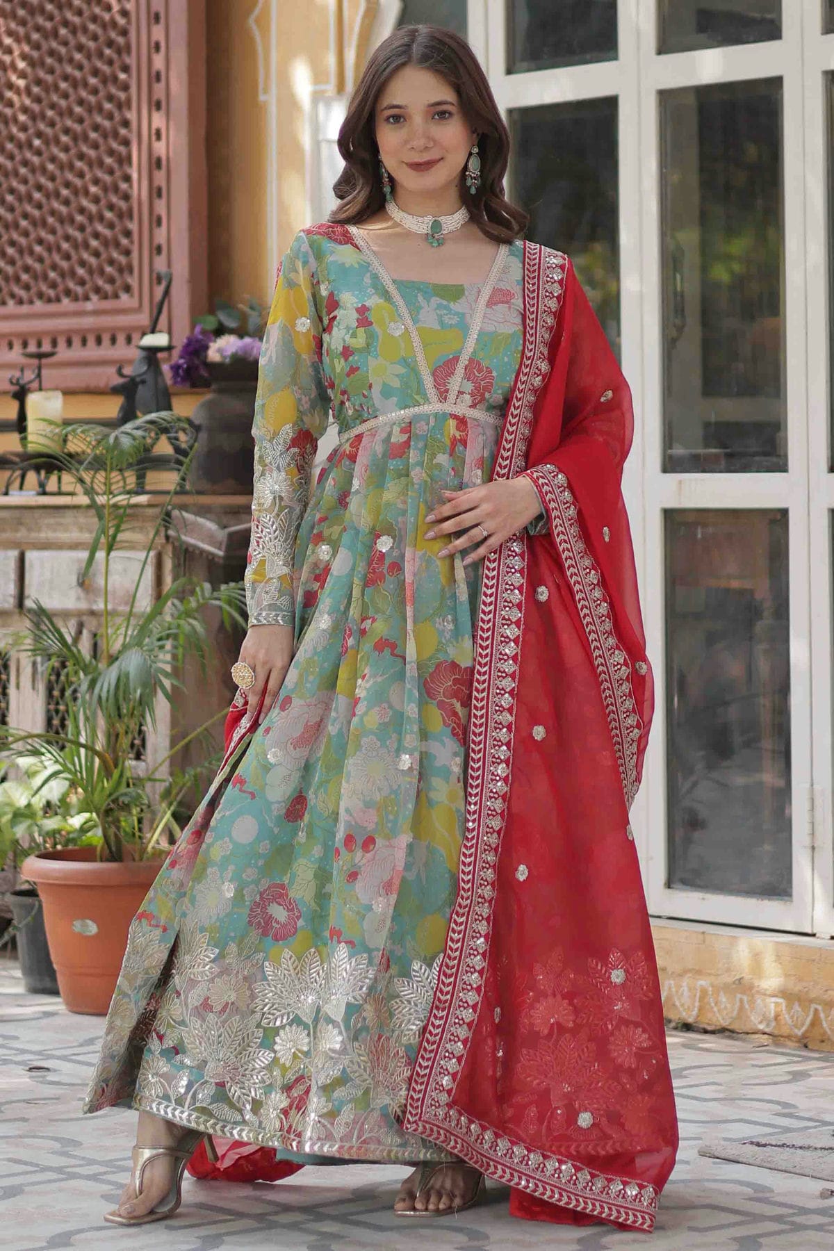 Sky Blue Colour Russion Silk Stitched Gown VSSS1113940