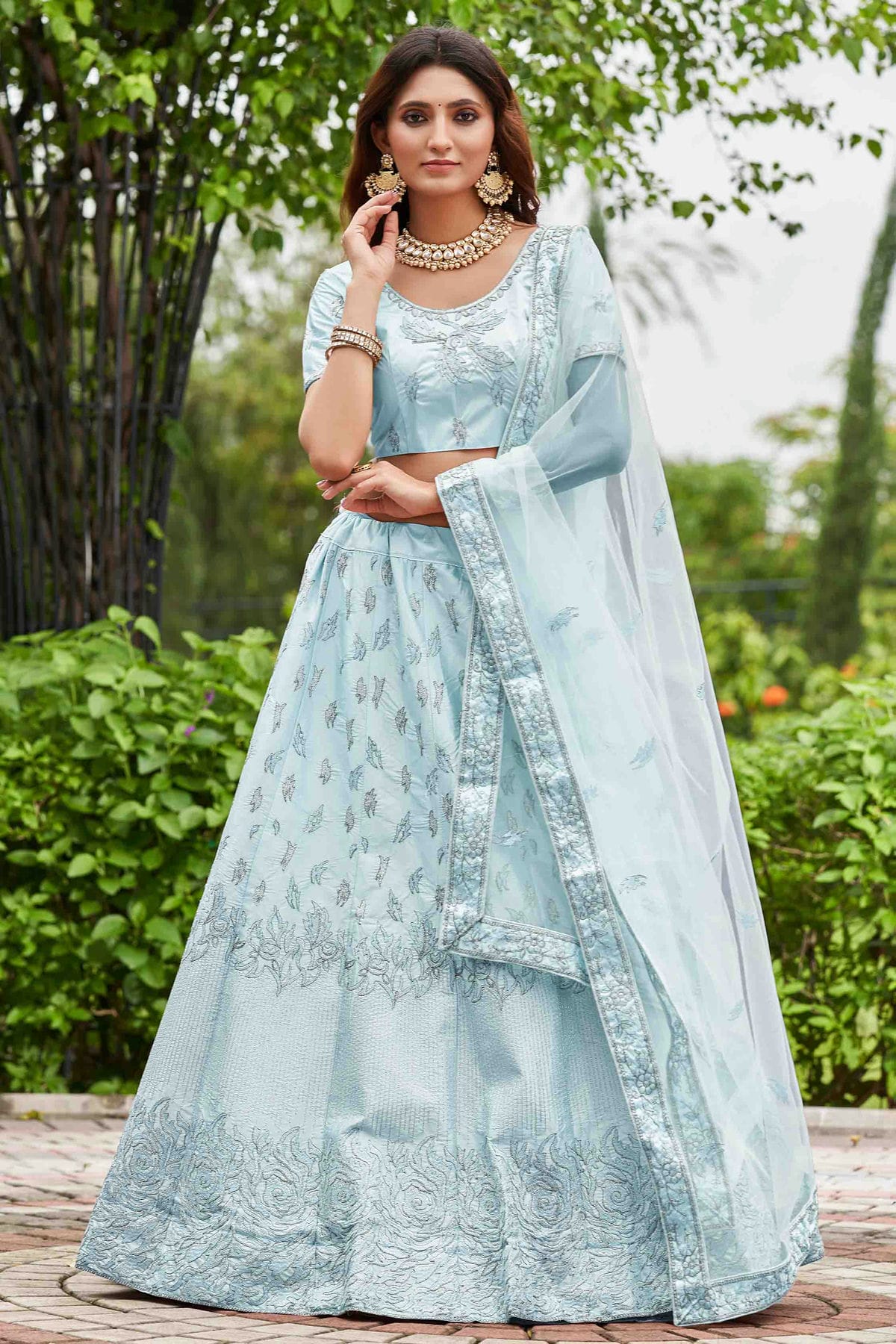 Sky Blue Colour Satin Silk Semi Stitched Lehenga Choli VSLC1170076