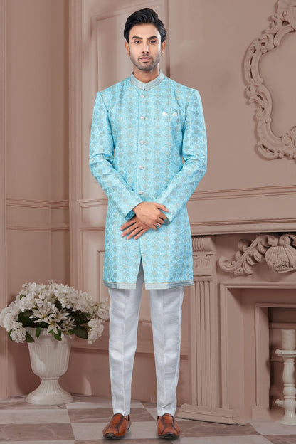Sky Blue Colour Silk Dupion Sherwani