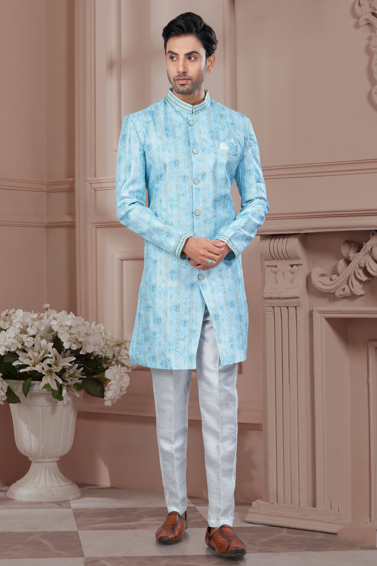 Sky Blue Colour Silk Dupion Sherwani