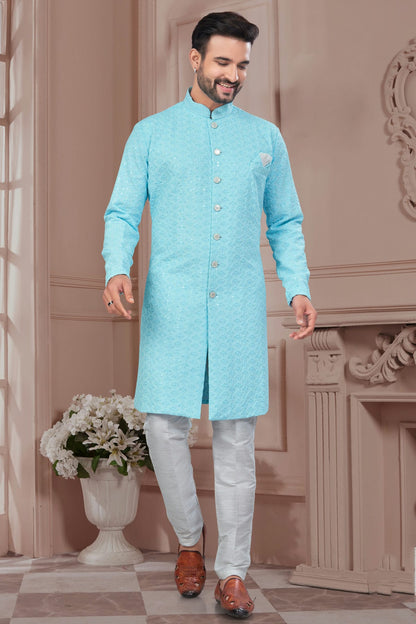 Sky Blue Colour Silk Dupion Sherwani