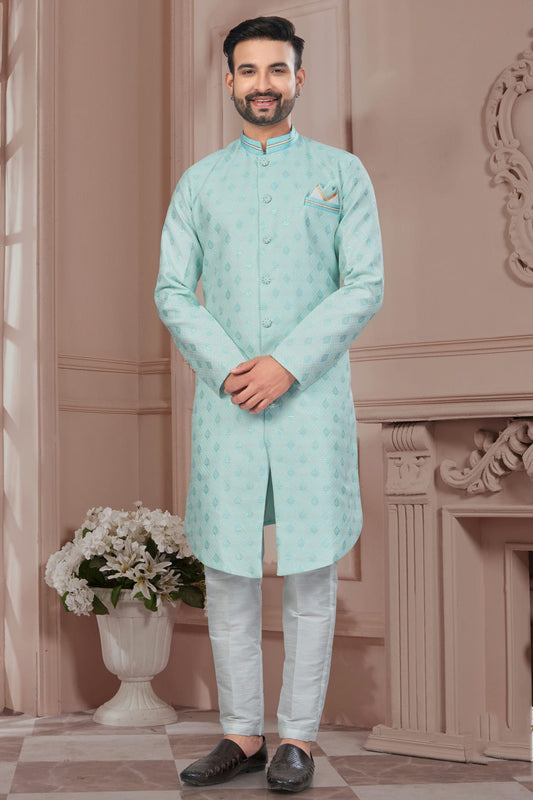 Sky Blue Colour Silk Dupion Sherwani
