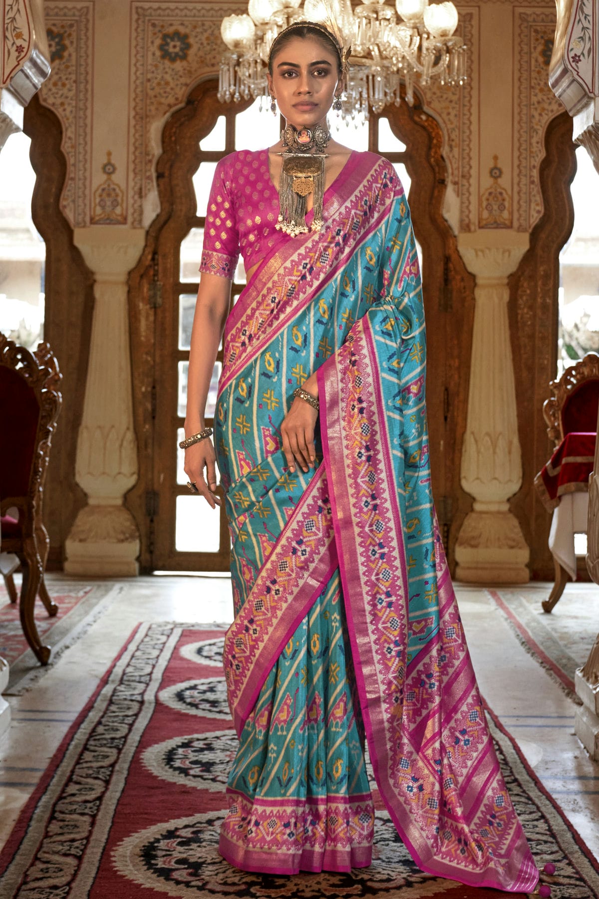 Sky Blue Colour Silk Patola Print Saree
