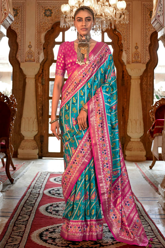 Sky Blue Colour Silk Patola Print Saree