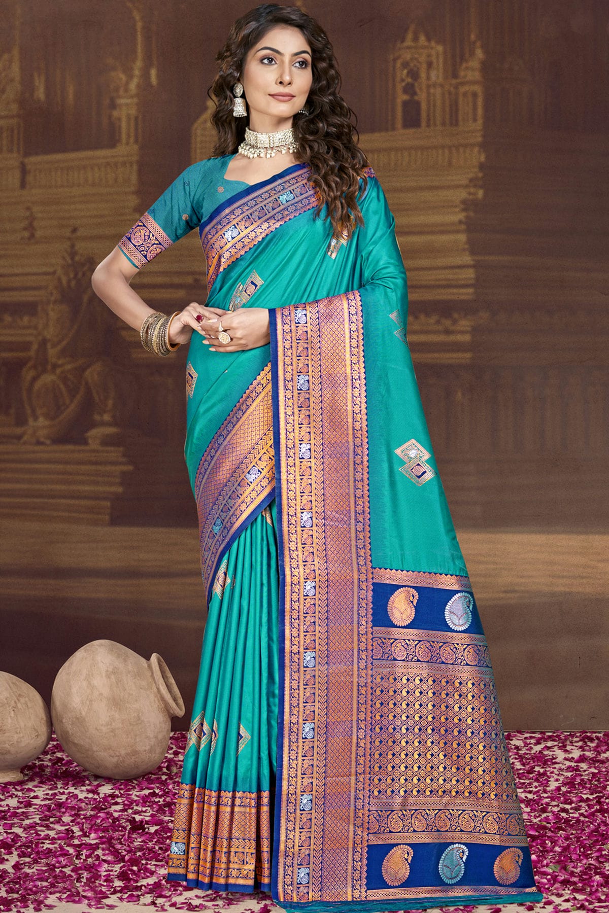 Sky Blue Colour Silk Woven Work Traditional Saree