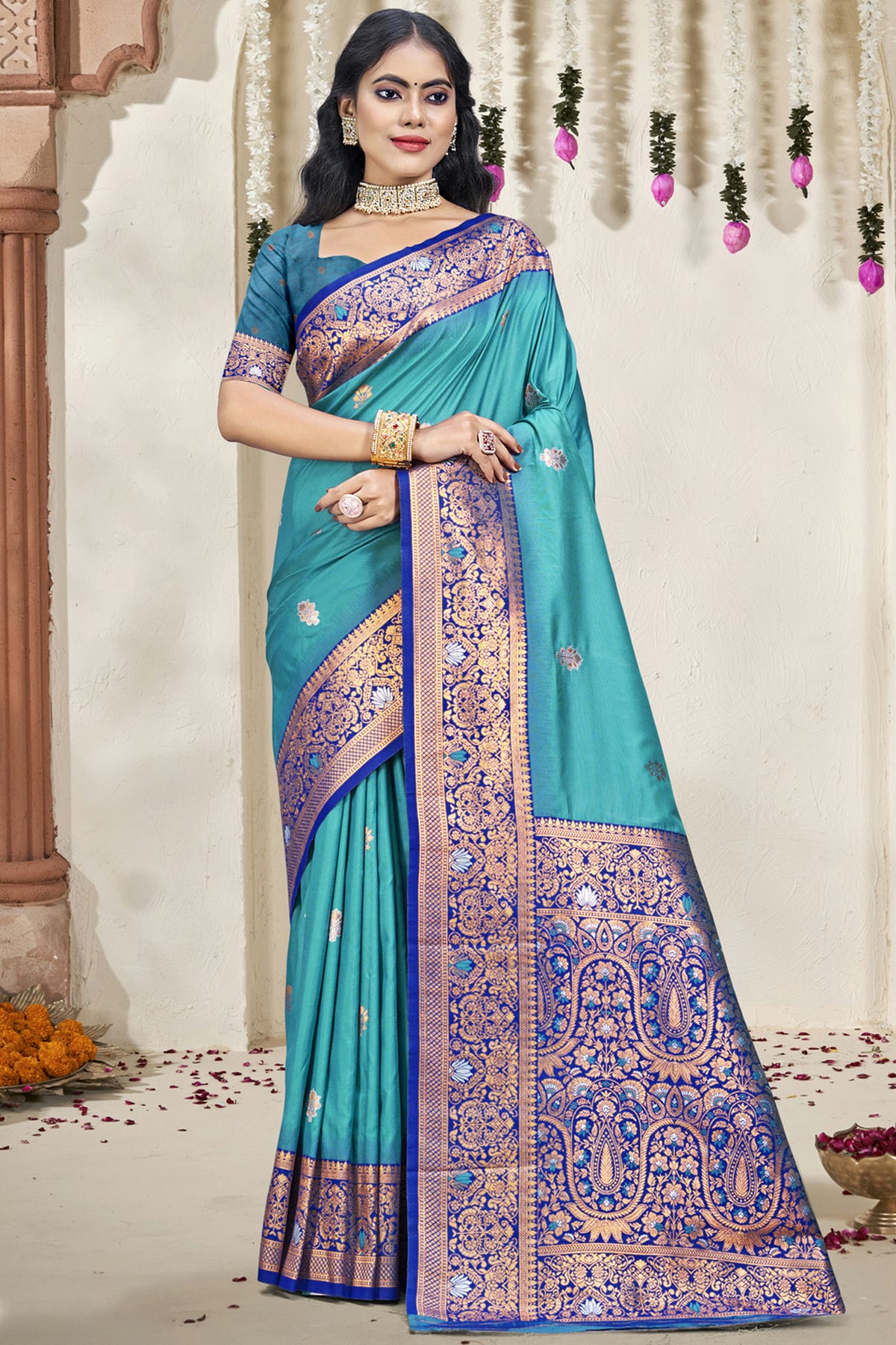 Sky Blue Colour Silk Woven Work Traditional Saree